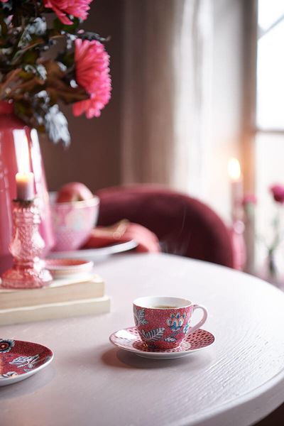 Flower Festival Set/2 Espresso Cups & Saucers Dark Pink