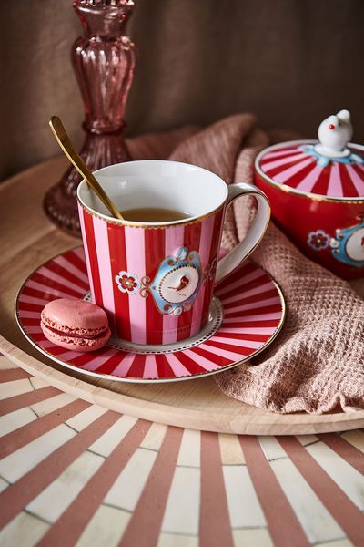 Love Birds Tasse Gross Gestreift Rot/Rosa