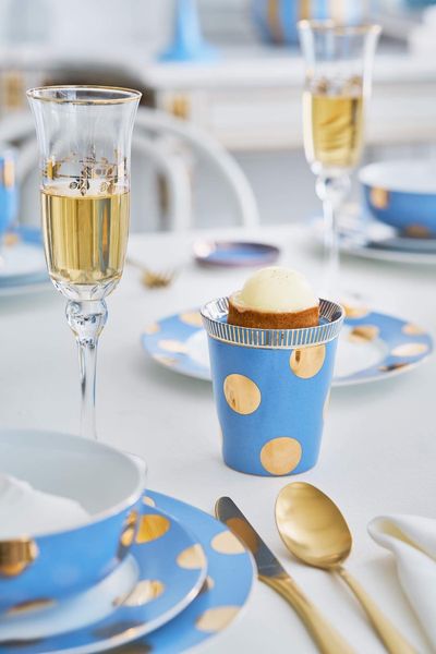 Set Tasse ohne Henkel & Teebeutelablage Dot Delight Hellblau/Gold 290ml