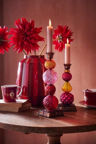 Kerzenständer Glas Perlen Rot/Gelb 23.5cm