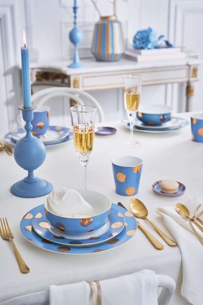 Set/2 Tasse sans Anse & Soucoupes à Thé Dot Delight Bleu Clair/Or 290ml