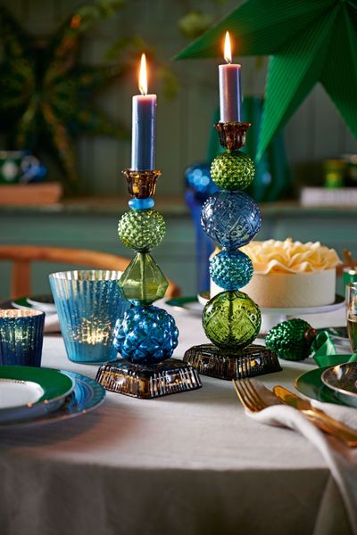 Bougeoir en Verre Bead Bleu/Vert 23.5cm