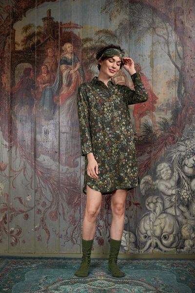 Nightdress Long Sleeve Buttons Tutti i Fiori Dark Green