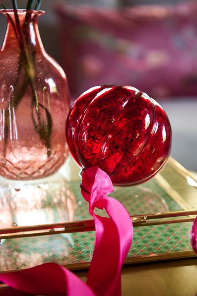 Ornement Verre Rayures Rouge 10cm